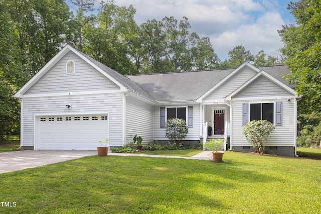 404 Denton St, Durham, NC 27713 - ranch-style house featuring driveway, a garage, crawl space, a front yard, and roof with shingles