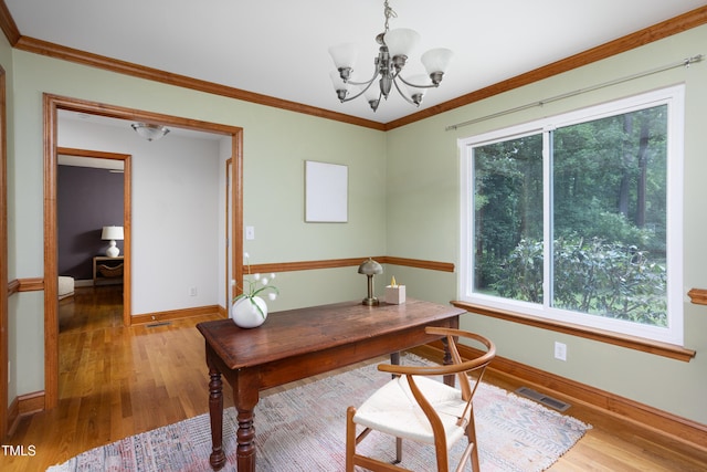404 Denton St, Durham, NC 27713 - home office with a chandelier, wood finished floors, and crown molding