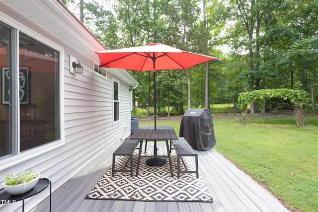 404 Denton St, Durham, NC 27713 - deck featuring a grill, a yard, outdoor dining area, and view of scattered trees
