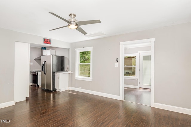 1401 Robinhood Rd, Durham, NC 27701 - unfurnished living room featuring ceiling fan and dark wood finished floors
