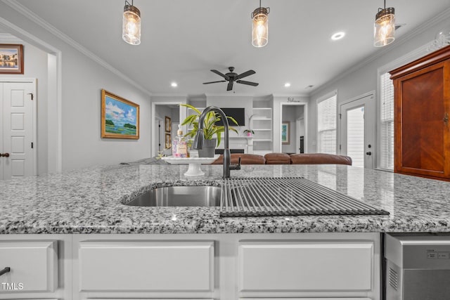 416 Fred Tew Rd, Dunn, NC 28334 - kitchen featuring ornamental molding, ceiling fan, recessed lighting, open floor plan, and light stone counters