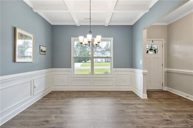 209 Nairn St, Fayetteville, NC 28311 - unfurnished dining area with a chandelier, beam ceiling, dark wood-type flooring, coffered ceiling, and a wainscoted wall