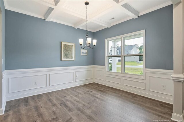 209 Nairn St, Fayetteville, NC 28311 - unfurnished dining area featuring coffered ceiling, dark wood-style floors, beamed ceiling, a chandelier, and wainscoting