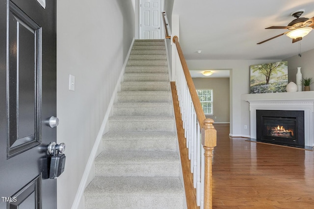 160 Chandler Springs Dr, Holly Springs, NC 27540 - stairway featuring a ceiling fan, wood finished floors, and a fireplace with flush hearth