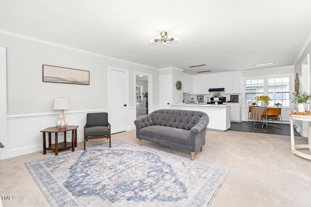 407 W Pippen St, Whitakers, NC 27891 - carpeted living area featuring crown molding and a wainscoted wall