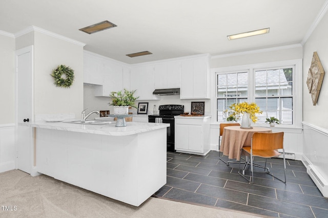 407 W Pippen St, Whitakers, NC 27891 - kitchen featuring black / electric stove, extractor fan, a peninsula, white cabinets, and ornamental molding