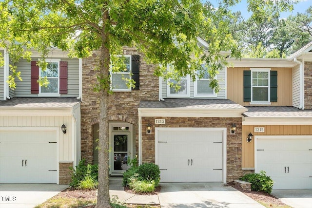 1213 Silver Beach Way, Raleigh, NC 27606 - multi unit property featuring stone siding, a garage, concrete driveway, and a shingled roof