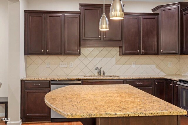1213 Silver Beach Way, Raleigh, NC 27606 - kitchen featuring decorative backsplash, stainless steel dishwasher, dark brown cabinets, range, and pendant lighting