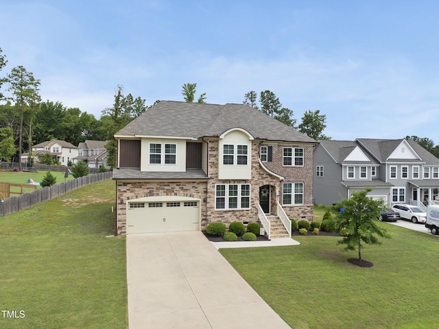 433 Village Bend Dr, Fuquay Varina, NC 27526 - view of front of home featuring a garage, concrete driveway, stone siding, and a residential view