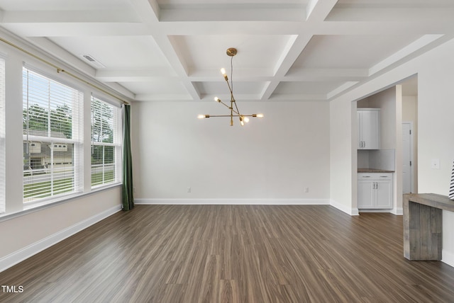 433 Village Bend Dr, Fuquay Varina, NC 27526 - spare room featuring a chandelier, dark wood finished floors, coffered ceiling, and beamed ceiling