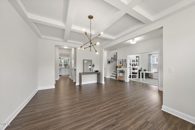 433 Village Bend Dr, Fuquay Varina, NC 27526 - unfurnished living room featuring coffered ceiling, stairs, a chandelier, dark wood-style flooring, and beamed ceiling
