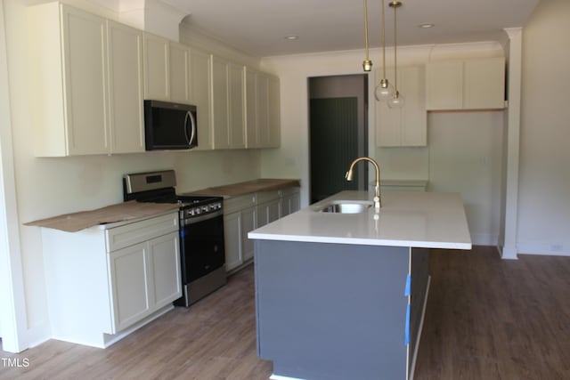 70 Basil Ct, Franklinton, NC 27525 - kitchen with stainless steel appliances, light wood-type flooring, a center island with sink, hanging light fixtures, and light countertops