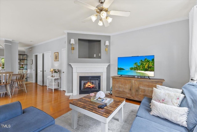 7856 Spungold St, Raleigh, NC 27617 - living room with wood finished floors, ceiling fan, ornamental molding, and a fireplace