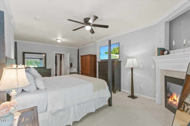 7856 Spungold St, Raleigh, NC 27617 - bedroom featuring a fireplace with flush hearth, carpet flooring, crown molding, and a ceiling fan