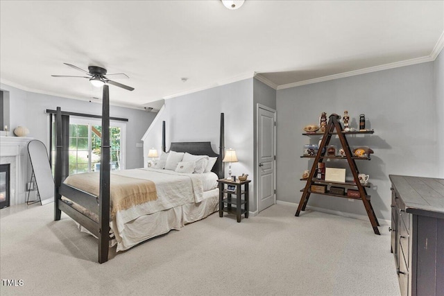 7856 Spungold St, Raleigh, NC 27617 - bedroom featuring light colored carpet, crown molding, a fireplace, and ceiling fan