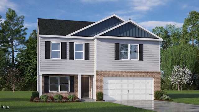 105 Grove Ln, Goldsboro, NC 27534 - view of front of house featuring board and batten siding, brick siding, concrete driveway, and a front yard