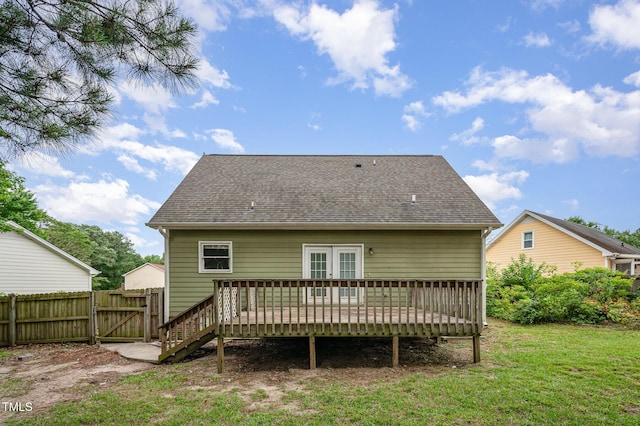 816 Kimpton Ct, Fuquay Varina, NC 27526 - back of house featuring a deck, roof with shingles, a gate, and french doors