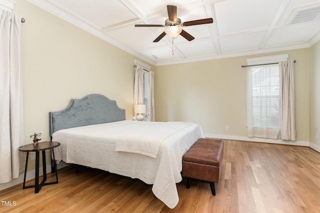 6 Tulip Tree Ct, Durham, NC 27712 - bedroom with coffered ceiling, light wood-style flooring, ceiling fan, and crown molding