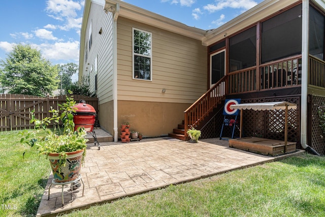 6 Tulip Tree Ct, Durham, NC 27712 - rear view of house with a sunroom, a patio, and stairs
