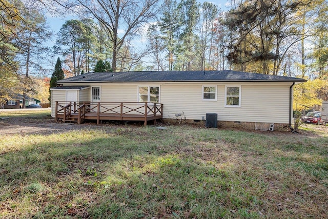 5917 Meadowlark Ln, Raleigh, NC 27610 - rear view of property with crawl space, a wooden deck, and a lawn