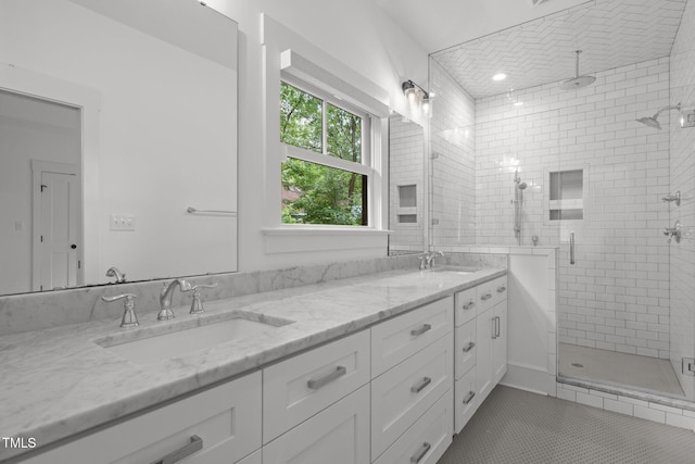2551 Drake Ave, Durham, NC 27705 - full bathroom featuring double vanity, a stall shower, and tile patterned flooring