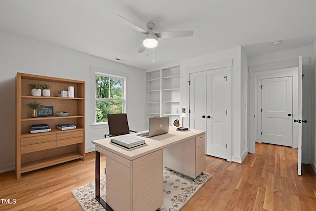 2551 Drake Ave, Durham, NC 27705 - office area with light wood-style flooring, ceiling fan, and built in features