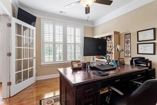150 Saint Mellion St, Raleigh, NC 27603 - home office featuring a ceiling fan, light wood finished floors, and ornamental molding