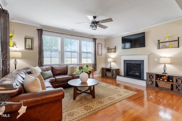 150 Saint Mellion St, Raleigh, NC 27603 - living room with ornamental molding, a ceiling fan, wood finished floors, and a glass covered fireplace