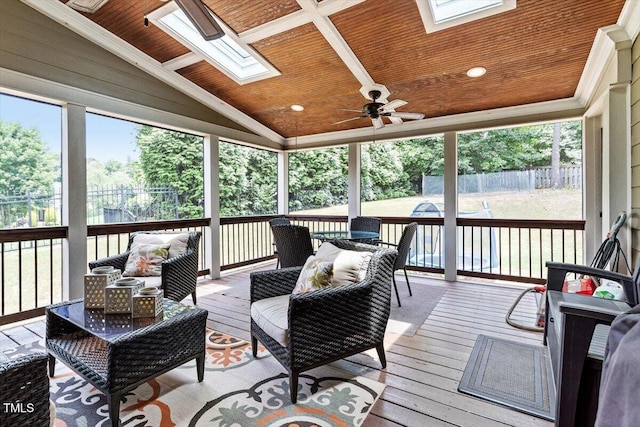 150 Saint Mellion St, Raleigh, NC 27603 - sunroom / solarium with a skylight, outdoor lounge area, ceiling fan, and lofted ceiling