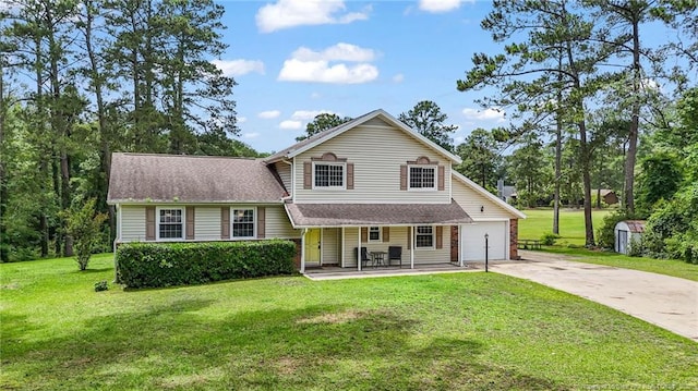 140 Bledsoe St, Hope Mills, NC 28348 - view of front of property with covered porch, concrete driveway, a front yard, a shed, and a garage
