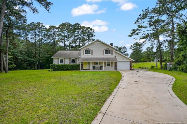 140 Bledsoe St, Hope Mills, NC 28348 - tri-level home with covered porch, driveway, a front yard, a chimney, and a garage