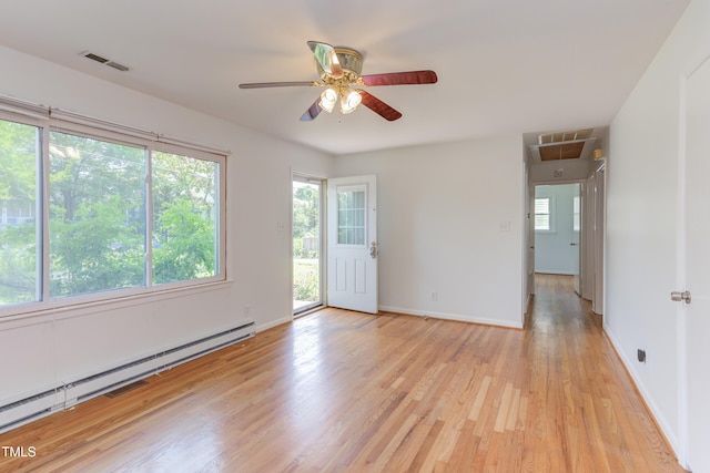 2009 Carolina Ave, Durham, NC 27705 - unfurnished room featuring baseboard heating, attic access, light wood-type flooring, and ceiling fan