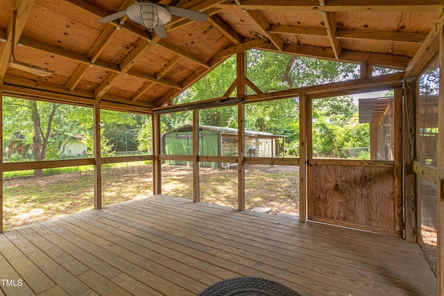 2009 Carolina Ave, Durham, NC 27705 - unfurnished sunroom with ceiling fan and vaulted ceiling