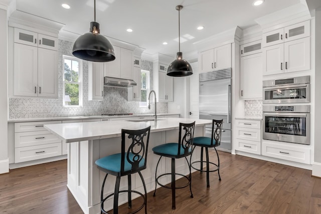6900 Staghorn Ln, Raleigh, NC 27615 - kitchen with stainless steel appliances, tasteful backsplash, light countertops, under cabinet range hood, and an island with sink