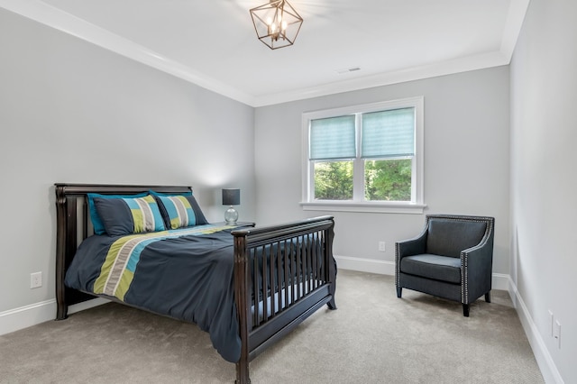 6900 Staghorn Ln, Raleigh, NC 27615 - bedroom featuring light colored carpet, crown molding, and a chandelier