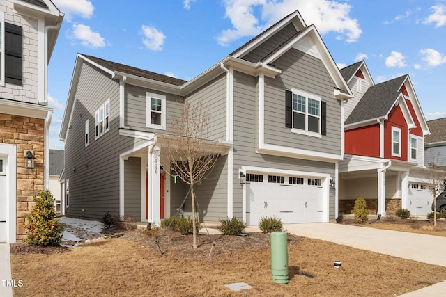 2346 Mckenzie Ridge Ln, Apex, NC 27502 - craftsman house featuring a garage, driveway, and stone siding