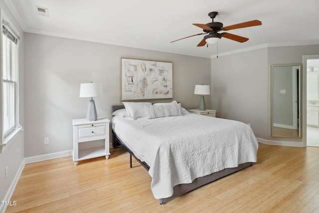 5809 N Hawthorne Way, Raleigh, NC 27603 - bedroom featuring multiple windows, light wood-type flooring, crown molding, and a ceiling fan