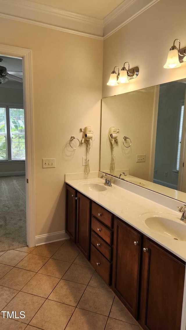1016 Dotson Way, Apex, NC 27523 - full bath with ornamental molding, double vanity, and tile patterned floors