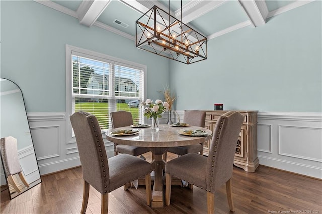 5135 Paul Peel Pl, Hope Mills, NC 28348 - dining space with a chandelier, beam ceiling, wood finished floors, a wainscoted wall, and a decorative wall