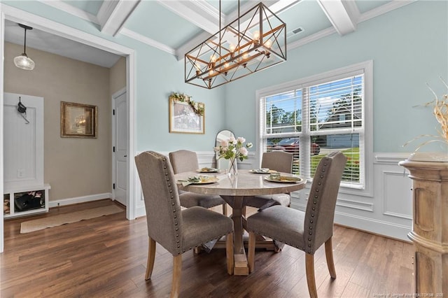 5135 Paul Peel Pl, Hope Mills, NC 28348 - dining room with wood finished floors, beam ceiling, coffered ceiling, crown molding, and wainscoting