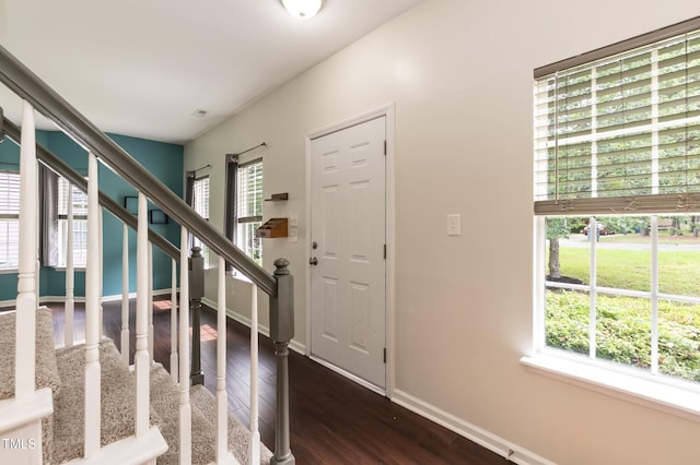 3110 Trinness Dr, Durham, NC 27707 - entryway with stairs and dark wood finished floors