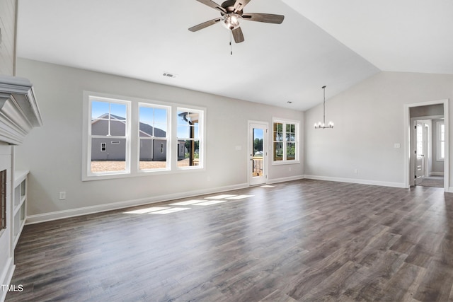222 Cherrybirch Ln, Zebulon, NC 27597 - unfurnished living room with plenty of natural light, a chandelier, a fireplace, a ceiling fan, and lofted ceiling
