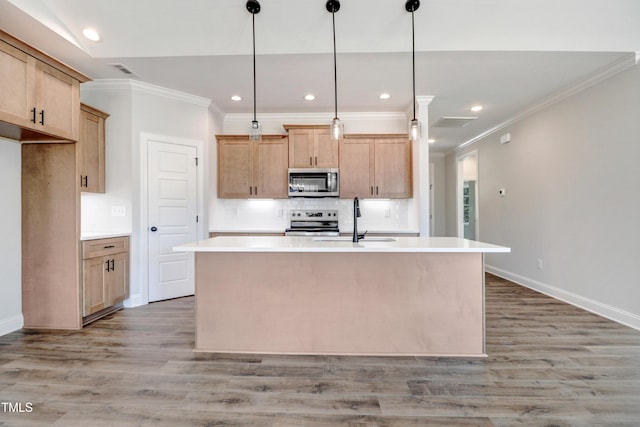222 Cherrybirch Ln, Zebulon, NC 27597 - kitchen with stainless steel appliances, crown molding, tasteful backsplash, recessed lighting, and light wood-style flooring