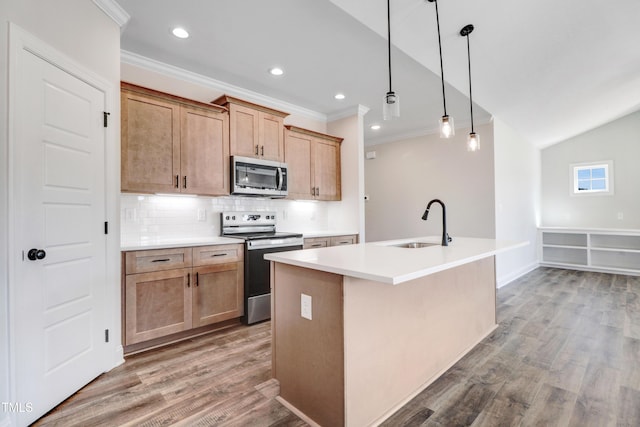 222 Cherrybirch Ln, Zebulon, NC 27597 - kitchen featuring appliances with stainless steel finishes, ornamental molding, decorative backsplash, wood finished floors, and a center island with sink