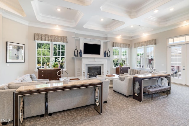 248 Amber Acorn Ave, Raleigh, NC 27603 - living room with coffered ceiling, plenty of natural light, a high end fireplace, ornamental molding, and carpet