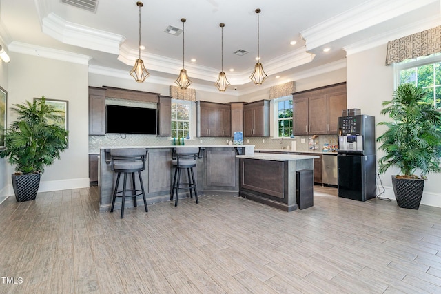 248 Amber Acorn Ave, Raleigh, NC 27603 - kitchen with freestanding refrigerator, a raised ceiling, light countertops, dark brown cabinetry, and a spacious island