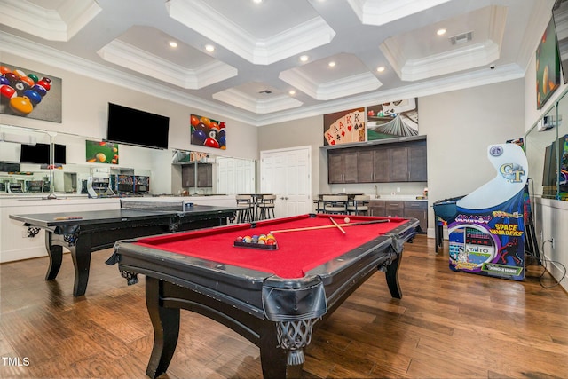 248 Amber Acorn Ave, Raleigh, NC 27603 - game room with ornamental molding, coffered ceiling, billiards table, beam ceiling, and wood finished floors