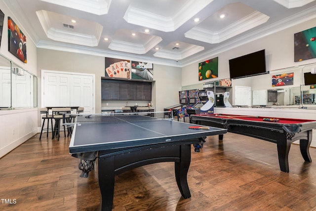 248 Amber Acorn Ave, Raleigh, NC 27603 - rec room featuring ornamental molding, coffered ceiling, billiards table, beamed ceiling, and wood finished floors