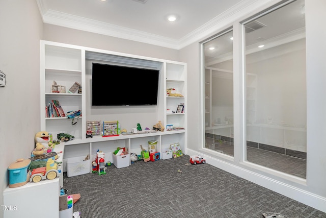 248 Amber Acorn Ave, Raleigh, NC 27603 - playroom featuring ornamental molding, carpet, recessed lighting, and built in features
