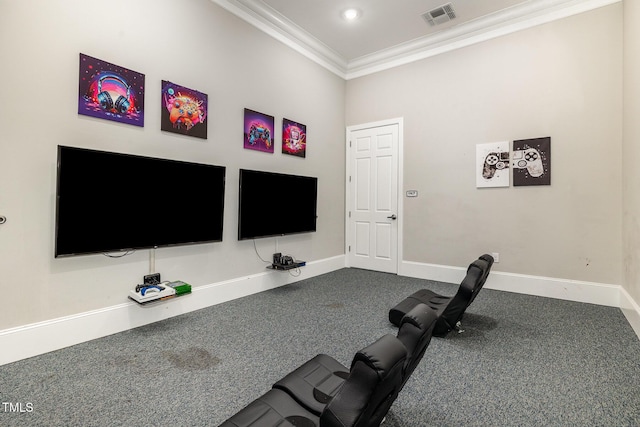248 Amber Acorn Ave, Raleigh, NC 27603 - workout room featuring ornamental molding, dark carpet, and recessed lighting